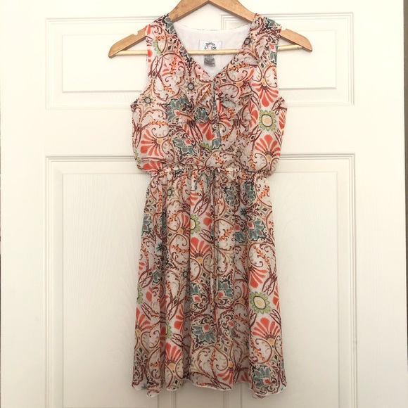 SWEET STORM Fit Flare Mini Dress Floral Ruffle V Neck Orange Cream Size Small - Picture 2 of 12